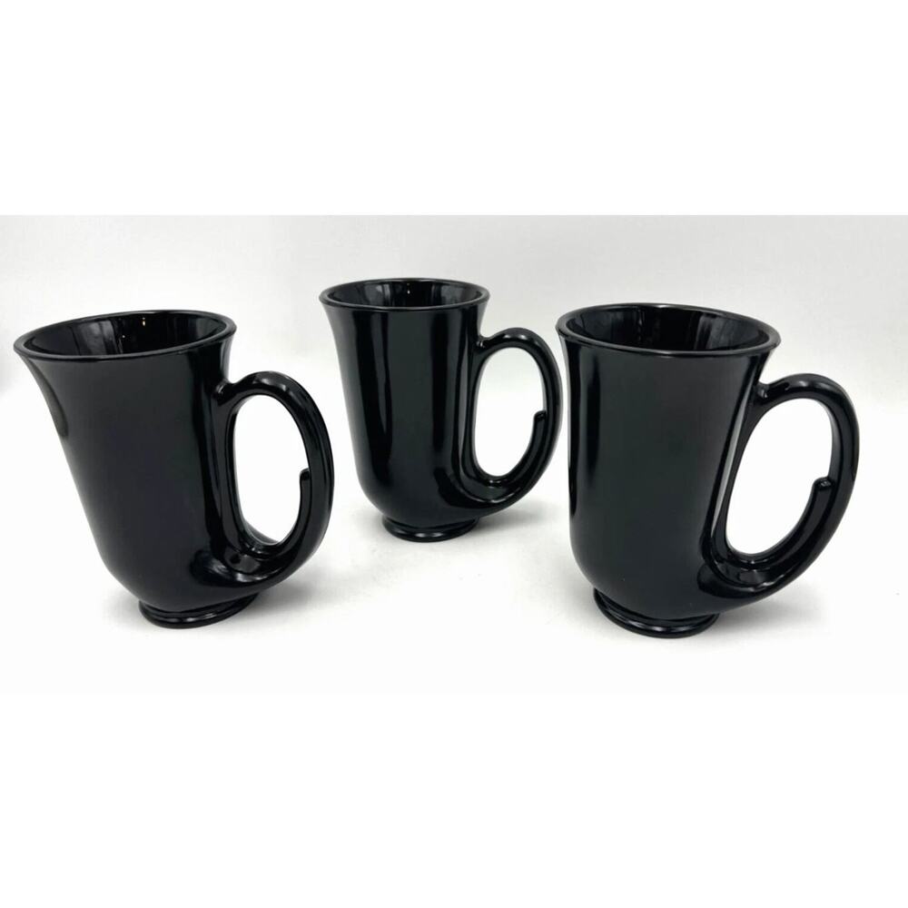 Indiana Glass Company Vintage Tiera Black Glass Hunter Horn Mug Beer Stein Set 3